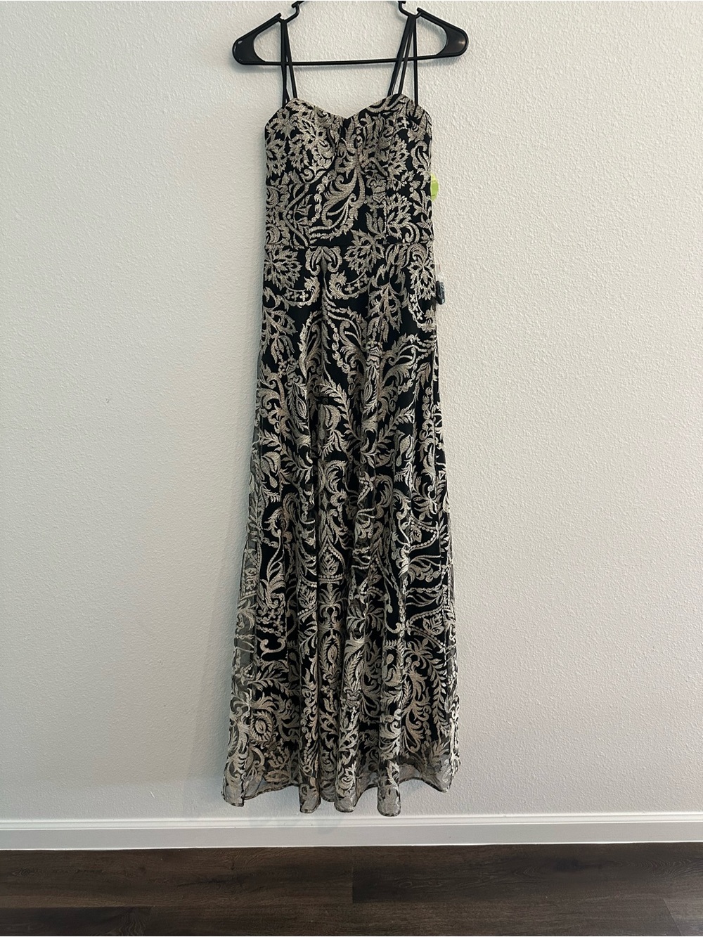 Windsor Black Maxi Skirt with Gold Lace Overlay hook on the back loose